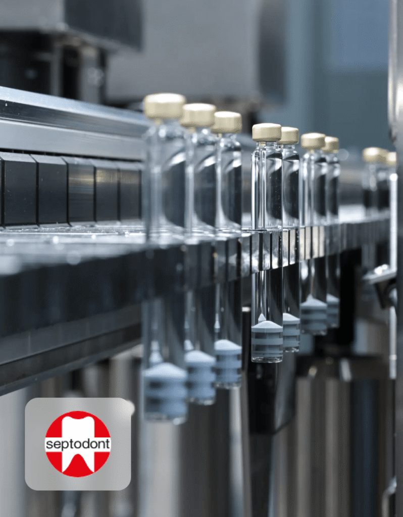 Close up image of vials on a filling line